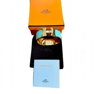 Hermes Wide Clic Clac H Bracelet- Yellow Gold Plated, Turquoise Enamel